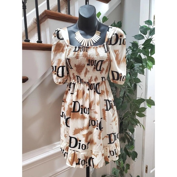 Mina Collection Beige & Brown Square Neck Half Sleeve Knee Length Dress Small - Picture 13 of 13